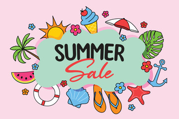 Design of a promotion poster with beach symbols. Summer Sale background. Vector illustration