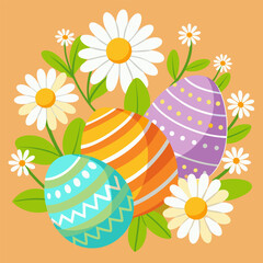 Multi colored pastel Easter eggs, white daisy flowers and leaves. pastel color cute pattern on eggs so beautiful and bright. illustrator vector.