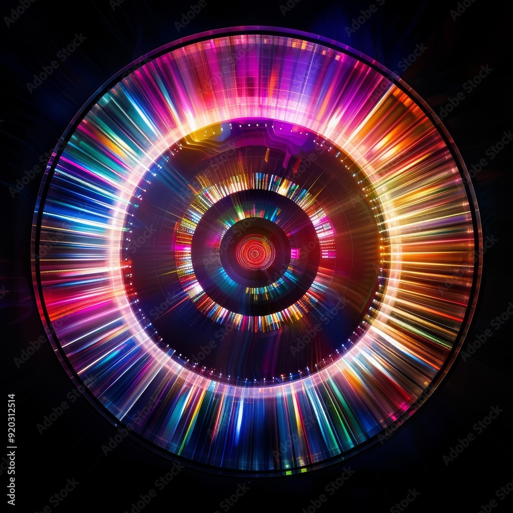 Wall mural this dynamic circular pattern showcases radiant colors and vivid light trails against a dark backgro