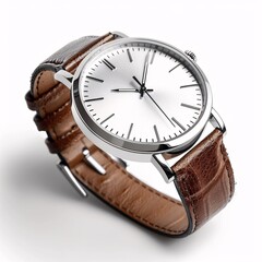 Elegant Silver Wristwatch with Leather Strap on White Background