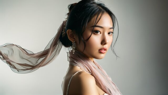 Elegant Asian lingerie model posing in high key studio setting holding sheer chiffon scarf serene