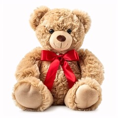 Fototapeta premium Adorable Fluffy Brown Teddy Bear with Red Ribbon Bow Isolated on White Background