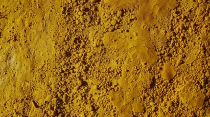 A close-up of a rough, yellow surface with visible cracks. The rough texture of the ground. Powder or a dusty substance.