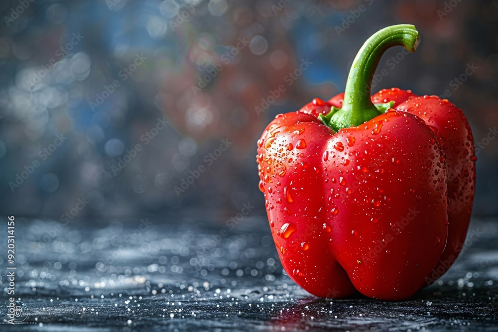 Wall mural Delicious smoky red pepper, isolated on dark background. A vibrant red chili pepper covered in water droplets, with wisps of smoke curling around it.
