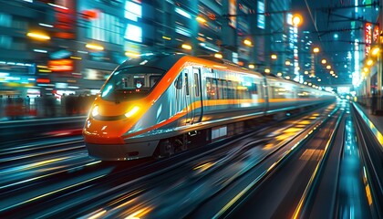 Fototapeta premium Abstract city night blurred light double exposure moving train 