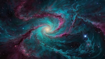 Futuristic Galactic Map in Vibrant Teal and Magenta Colors Against Cosmic Clouds Abstract Concept Art Painting with Intricate Linework and Luminous Details Creating an Otherworldly Visual Journey.