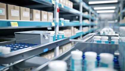 Pharmaceutical storage area with organized shelves and medication bottles in a modern facility