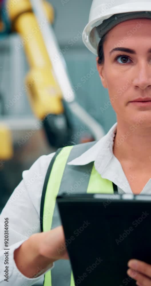 Poster woman, engineer and tablet for robotics at workshop of machine research, inspection and automation s