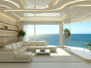 Fototapeta premium Living room design in a modern style with a prominent sea view inside a modern style ceiling sofa