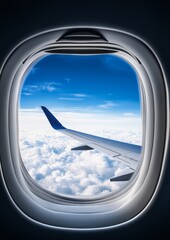 airplane window with blue sky wing
