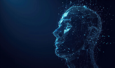Human head created in low poly style. Man face polygon light. Emotional Intelligence allegory AI. Facial Recognition System concept. biometric scanning, 3D scanning