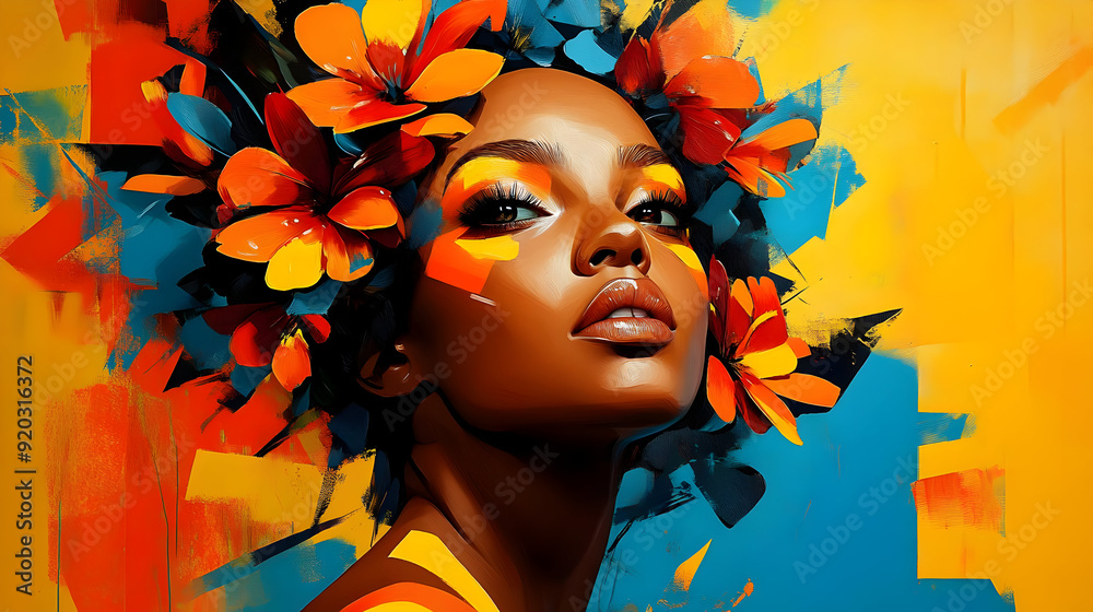 Poster A vibrant portrait of a woman adorned with colorful flowers against a bright background.