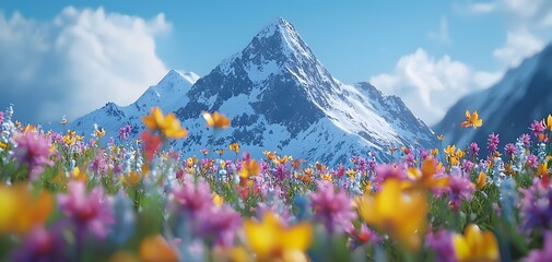 Fototapeta premium Breathtaking mountain peak adorned with swirling clouds and vibrant wildflowers beneath a luminous sky