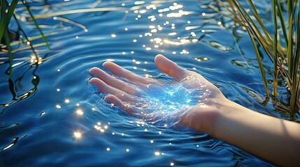 Hand Submerged in Sparkling Water with Sunlight Glimmer