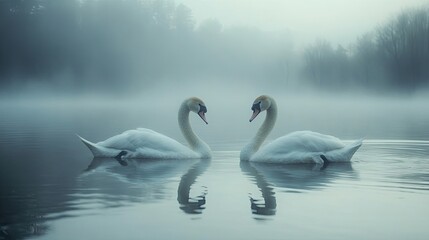 Two Swans Facing Each Other on a Misty Lake