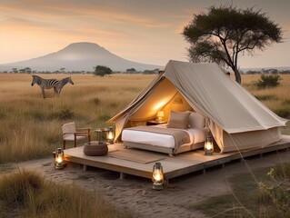 Luxury Glamping Tent in the Serengeti with Wildlife at Sunset