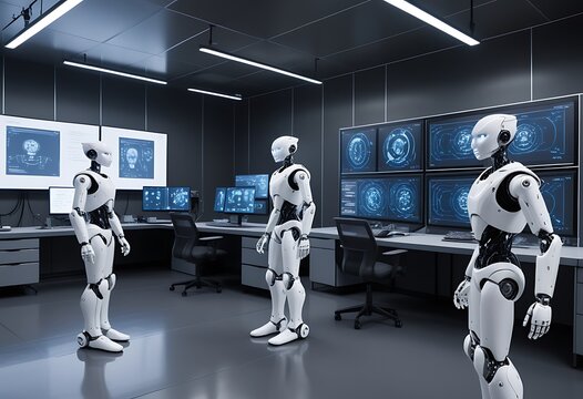 Futuristic AI Research Lab with Humanoid Robots Featuring Sleek Metallic Design and LED Lights Advanced Computers Holographic Screens Scientists Monitoring Robots Interactions Collaboration Innovation