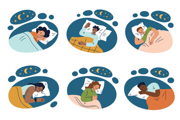 Vector illustration set of cartoon images with diverse people peacefully sleeping at night. Cozy, tranquil sleep position under a starry sky and crescent moon, relaxation and restfulness
