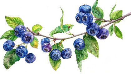 Fresh blueberries on a branch with green leaves against a white background