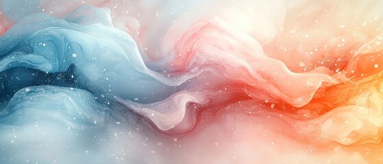 Obraz premium Abstract fluid art with blue, pink, and orange swirling colors and white glitter.