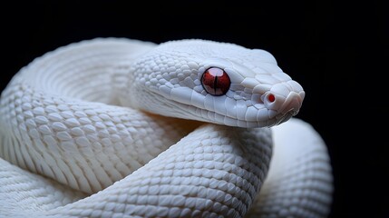 Fototapeta premium Albino Snake: An albino snake with pure white scales and striking red eyes, set against a dark background. 