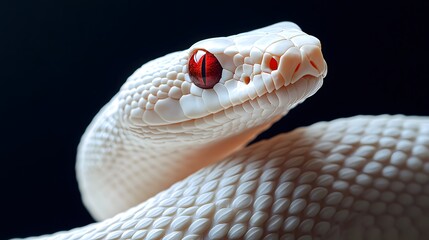 Fototapeta premium Albino Snake: An albino snake with pure white scales and striking red eyes, set against a dark background. 