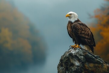 Fototapeta premium An intimate close-up of an eagle perched on a cliffside, focusing on the sharp eyes against a blurred background.