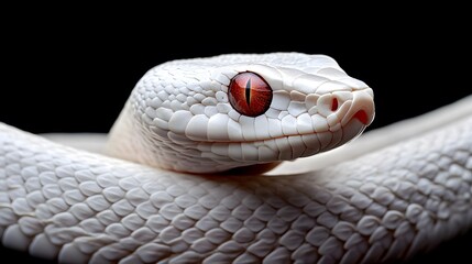 Albino Snake: An albino snake with pure white scales and striking red eyes, set against a dark background.
