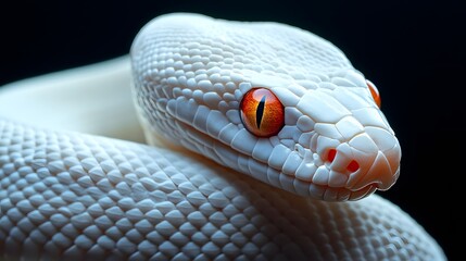 Fototapeta premium Albino Snake: An albino snake with pure white scales and striking red eyes, set against a dark background. 