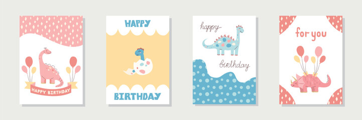 Collection of cute dinosaur cards. Happy Birthday cards and greetings. Hand drawn in pastel colors. Vector illustration. © plaksik13