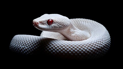 Fototapeta premium Albino Snake: An albino snake with pure white scales and striking red eyes, set against a dark background. 