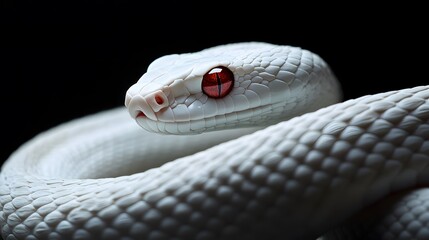 Fototapeta premium Albino Snake: An albino snake with pure white scales and striking red eyes, set against a dark background. 