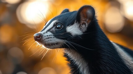 An intimate close-up of a skunk in a suburban garden, side view, focusing on the striped fur with a soft background.