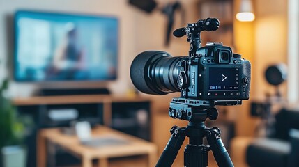 Cinematic photography of video camera on tripod in foreground