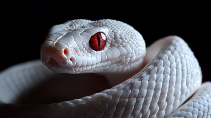 Fototapeta premium Albino Snake: An albino snake with pure white scales and striking red eyes, set against a dark background. 