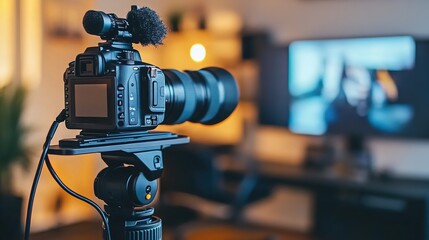 Cinematic photography of video camera on tripod in foreground