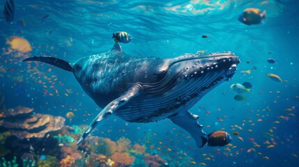 Fototapeta premium A whale swimming underwater, with rays of sunlight shining through the water surface. Whale in the deep blue ocean