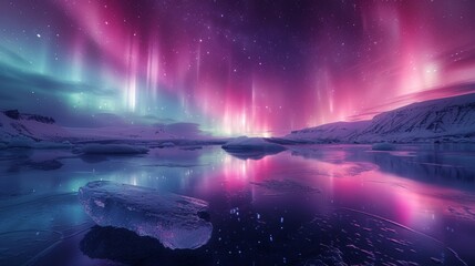 Captivating Aurora Borealis Reflected in Icy Glacier Lagoon of Iceland