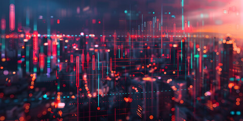 Fototapeta premium A colorful abstract image of a night scene with a blue and red light, trade market concept with digital indicators graphs financial diagram. 
