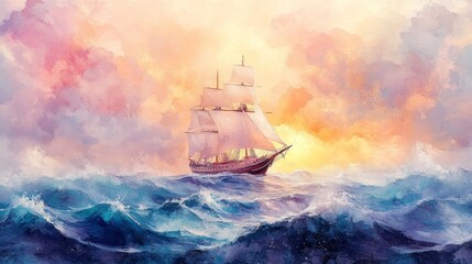 Obraz premium A pastel pirate ship sails on a vibrant ocean, watercolor style, perfect for a child's room with soft hues and playful waves