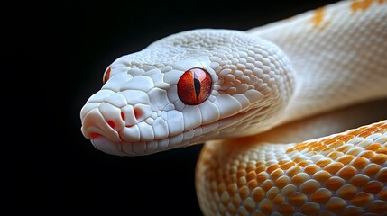 Fototapeta premium Albino Snake: An albino snake with pure white scales and striking red eyes, set against a dark background. 