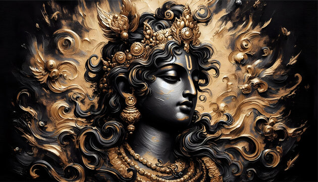 black and golden oil paint brush stroke art of lord krishna