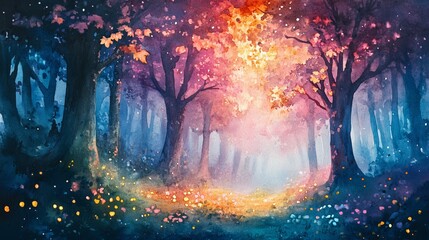 Naklejka premium Colorful magical forest scene, enchanting trees with glowing leaves, watercolor painting perfect for a child's room, vibrant pastel hues