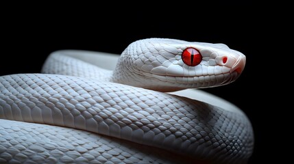Fototapeta premium Albino Snake: An albino snake with pure white scales and striking red eyes, set against a dark background. 