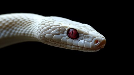 Albino Snake: An albino snake with pure white scales and striking red eyes, set against a dark background.
