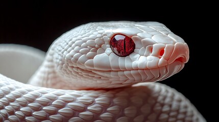 Obraz premium Albino Snake: An albino snake with pure white scales and striking red eyes, set against a dark background. 