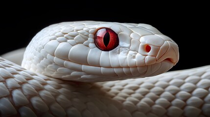 Albino Snake: An albino snake with pure white scales and striking red eyes, set against a dark background.

