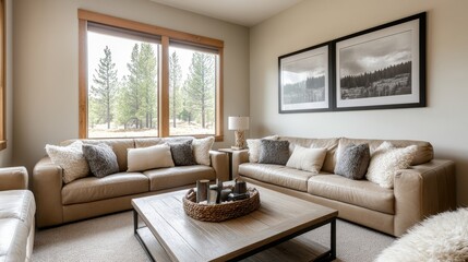 Cozy living space featuring soft tan leather walls, plush leather sofas, rustic decor elements, and a warm, inviting ambiance, perfect for relaxation