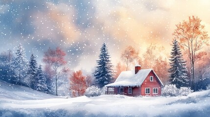 Naklejka premium A cozy cottage surrounded by snow-covered trees, nestled in a serene winter landscape, perfect for a child's room, pastel and colorful watercolor