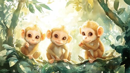 Fototapeta premium A group of cheerful monkeys playing among jungle trees, watercolor style with pastel colors, perfect for a child's room, capturing the joy and whimsy of nature